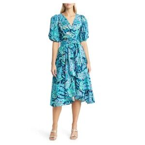 New LILLY PULITZER Juney Puff Sleeve Faux Wrap Dress Low Tide Navy Catty 6